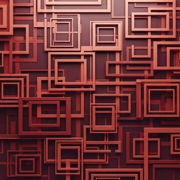 Abstract geometric pattern of overlapping squares, dimensional relief, textured background, warm red and brown tones.