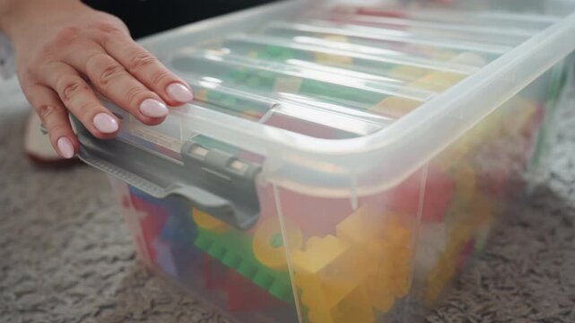 Child safety latch engaged tightly. Child proof lock mechanism in use now. Careful sealing of toy box lid for child safety purposes. Hand sealing toy box lid securely to prevent child access