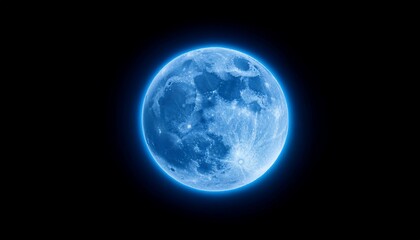 Fototapeta premium Blue Super Moon Glowing With Blue Halo Isolated On Black Background