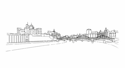 Fototapeta premium Panoramic line drawing of a historic city skyline with a castle and river