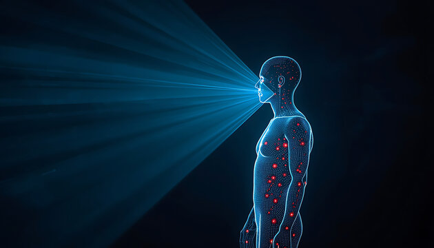 A 3d rendered medical illustration of a human body and skeleton showing the anatomy of the spine, bones, and joints in blue x-ray to highlight pain and injury