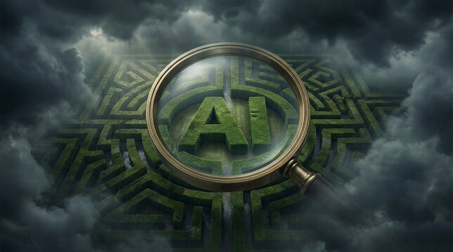 giant magnifying glass hovering above a mystic and dark hedge maze with hedges shaped like the letters AI in the middle