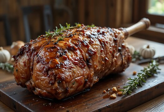 Roasted leg of lamb with rosemary and red berries served on a rustic dark wooden board. pierna cordero
