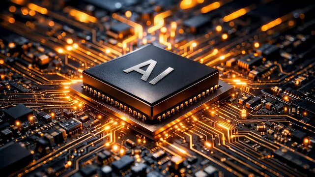 Futuristic artificial intelligence processor glowing on a high-tech circuit board. Concept of advanced computing power, machine learning, neural networks, and next-generation digital innovation.