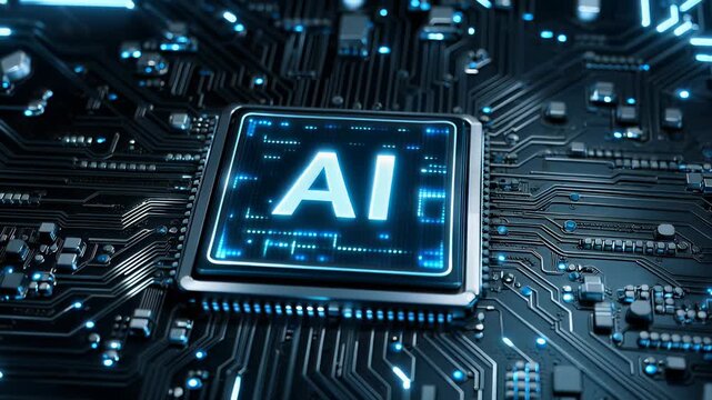 Futuristic artificial intelligence processor glowing on a high-tech circuit board. Concept of advanced computing power, machine learning, neural networks, and next-generation digital innovation.
