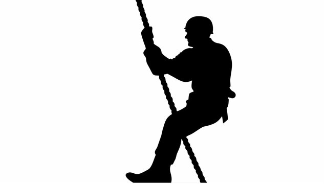 Silhouette of a soldier climbing a rope that turns into barbed wire symbolizing struggle and danger