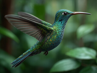 Fototapeta premium Hummingbird flying through green tropical forest