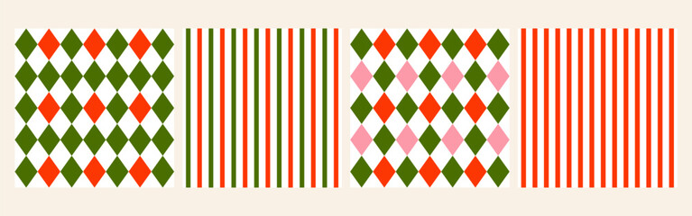 Fototapeta premium Christmas seamless patterns set of 4 with red and green stripes and rhombus. Vector design template. Happy New Year set patterns. Season greeting. Festive background with geometric elements.