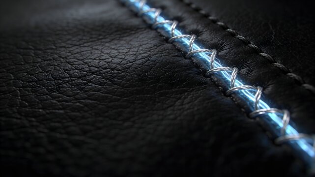Close up leather grain with futuristic electronic silver thread glow