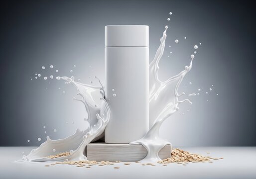 Oat milk bottle with milk splash and oats