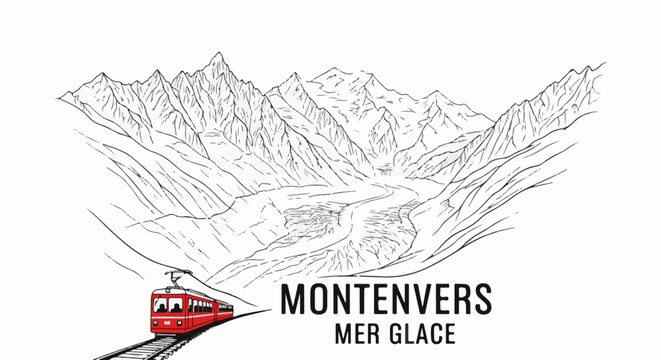 Red cogwheel train traverses tracks below dramatic, snowy mountain range