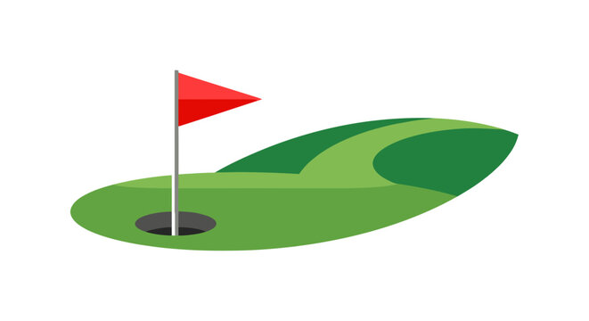Golf course hole with red flag on white background.