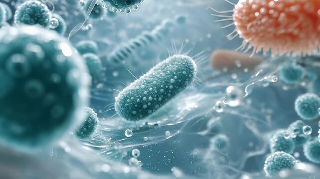 Close-up microscopic view of colorful bacteria and microorganisms. Concept of infection, healthcare, medical science, and biotechnology.