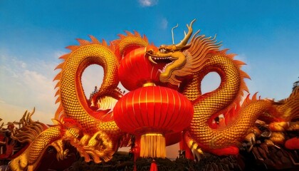 Obraz premium Golden Chinese Dragon with Red Lanterns Against a Blue Sky.