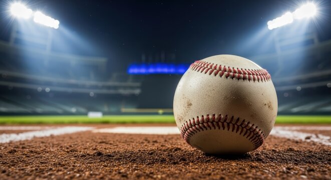 Baseball resting on pitcher's mound under stadium lights during night game