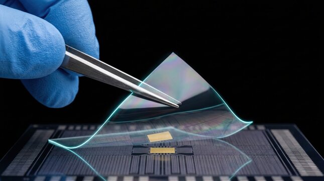 Gloved hand lifting flexible transparent semiconductor film from microchip surface showcasing sustainable electronics manufacturing efficiency