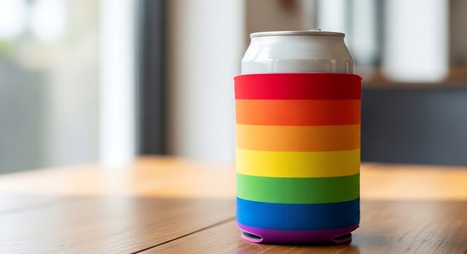 A white beverage can inside a rainbow pride flag koozie on a wooden table with blurred background. koozie mockup