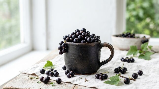 Fresh blackcurrants in a rustic mug on a linen cloth by the window