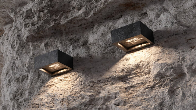 up 3D illustration of a modern black sconce with a dual light feature. The soft golden light grazes a rough slate colored wall, revealing deep pits and ridges in the material. The play of light 