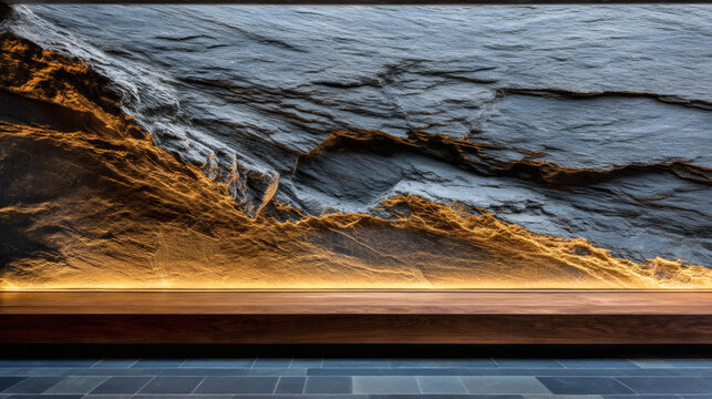 up 3D illustration of a modern black sconce with a dual light feature. The soft golden light grazes a rough slate colored wall, revealing deep pits and ridges in the material. The play of light 