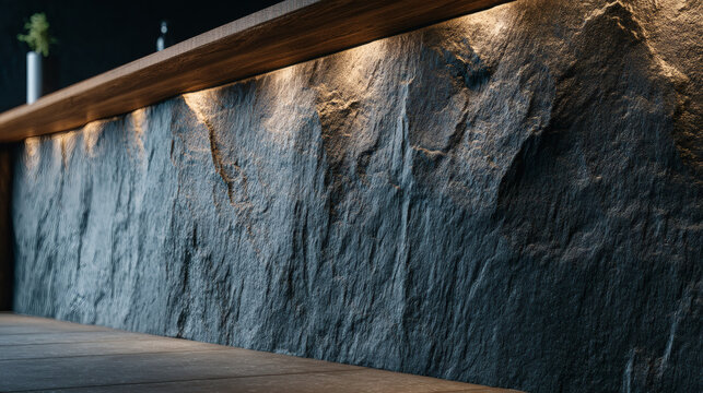 up 3D illustration of a modern black sconce with a dual light feature. The soft golden light grazes a rough slate colored wall, revealing deep pits and ridges in the material. The play of light 