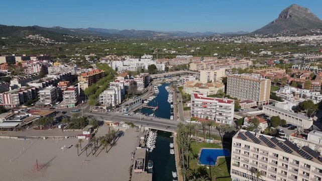 Aerial drone view of javea town and marina in alicante spain
