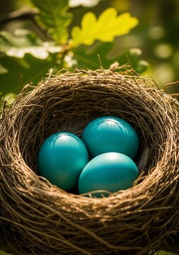 Three vibrant blue eggs nestled in a rustic twig bird's nest, framed by green foliage.