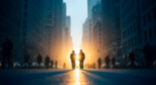 Cityscape silhouette two figures amidst urban background bright light and abstract architectural forms