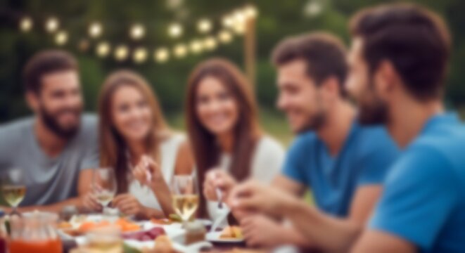 Backyard gathering friends enjoying a summer bbq with string lights and festive outdoor background