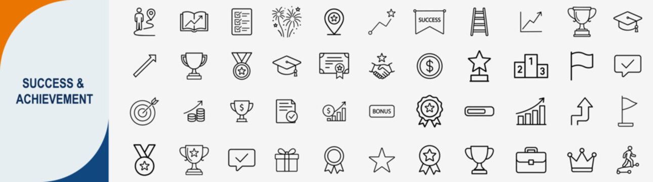 Success and achievement line icons set for career goals and growth