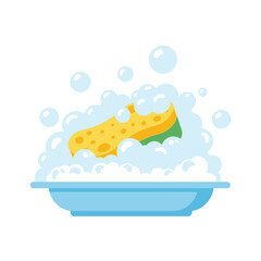 Fototapeta premium Yellow Sponge with Green Scrub and Bubbles in Blue Basin - Cleaning Concept
