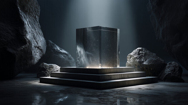 Glass cube on stone podium in dark cave with dramatic light; cinematic luxury style, abstract premium concept, ideal for branding, product ads, tech visuals and high-end presentations
