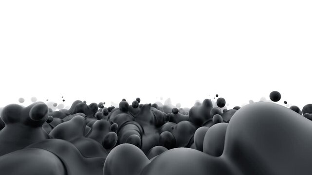 Abstract black liquid spheres rising on a white background