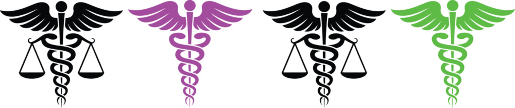 Four variations of the rod of asclepius and the scale symbols in different colors