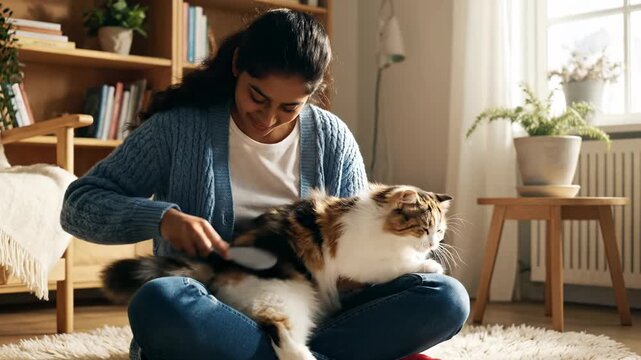 Woman seated, brushing calico cat. Cozy indoor scene with plants and sunlight