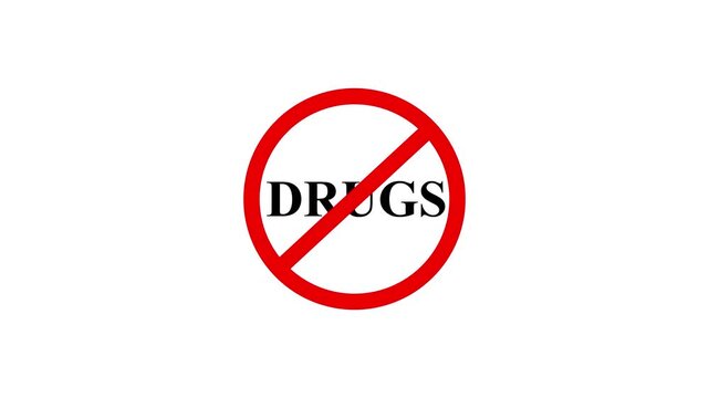 Drugs prohibition sign animation on white background. Caution warning symbol, warning, error sign, safety protection. Text looping animation. 