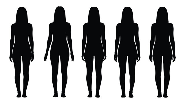 Five female silhouettes showcasing varying body shapes and sizes in a row