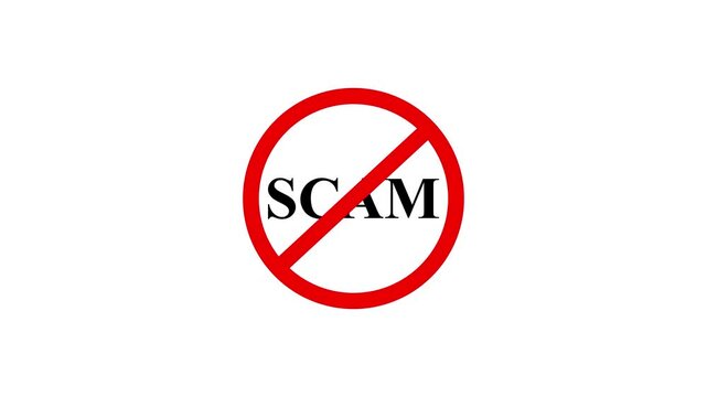 SCAM  prohibition sign animation, white background. 4k animation video.