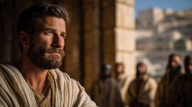 A tense biblical scene of Ehud standing in the upper chamber of a Moabite palace before King Eglon, with rich interiors, guards in the background, and contrasting torchlight and desert daylight.
