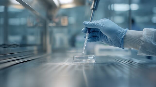Focused medium shot of a scientist pipetting inside a level 3 biosafety hood emphasizing glove use and sterile technique with an outoffocus cabinet background.