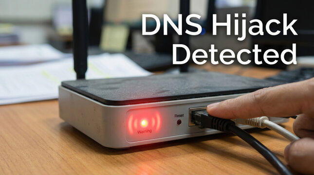 DNS hijack detected warning light on router with finger unplugging cable alerting ai cybersecurity scam risk