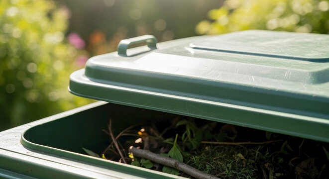 Green waste bin with lid open, showing organic material inside, filled with garden trimmings and foliage, promoting sustainable living and responsible disposal.