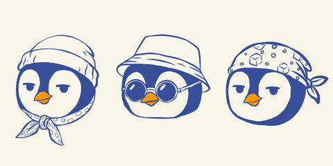 Cute Penguin Character Set Wearing Different Headwear: Beanie, Bucket Hat, and Bandana © NurInayah
