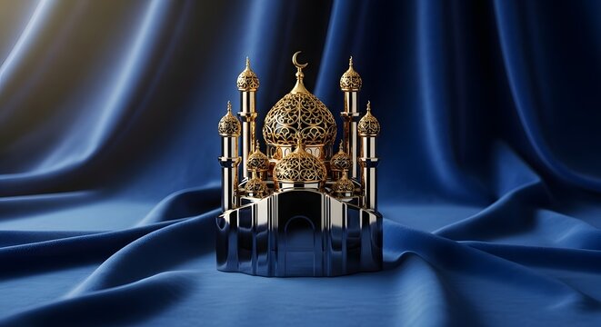Gold mosque model on blue satin fabric background with drapes