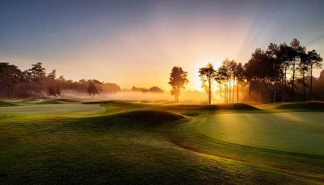 sunrise over misty golf course with trees in background