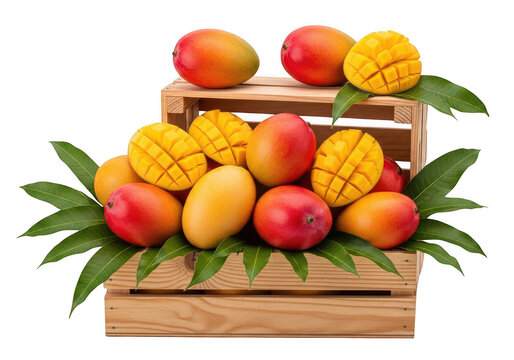 Freshly picked mangoes arranged in wooden crates for display isolated on transparent background