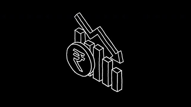 Isometric hand drawn indian rupee coin with downward falling bar chart graph outline 4k animated video, alpha transparent video
