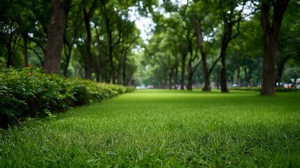 Fototapeta premium A tranquil view looking down a lush green park avenue lined with mature trees and vibrant grass