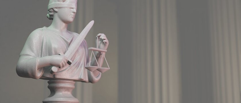 Blindfolded Lady Justice, soft light, focus on scale and sword. Close up sculpture of lady justice, blindfold impartiality. Space for text, light theme background, isolated. 3D rendering.