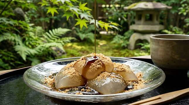 Warabi mochi with kinako powder and syrup, served on a plate in a lush garden setting